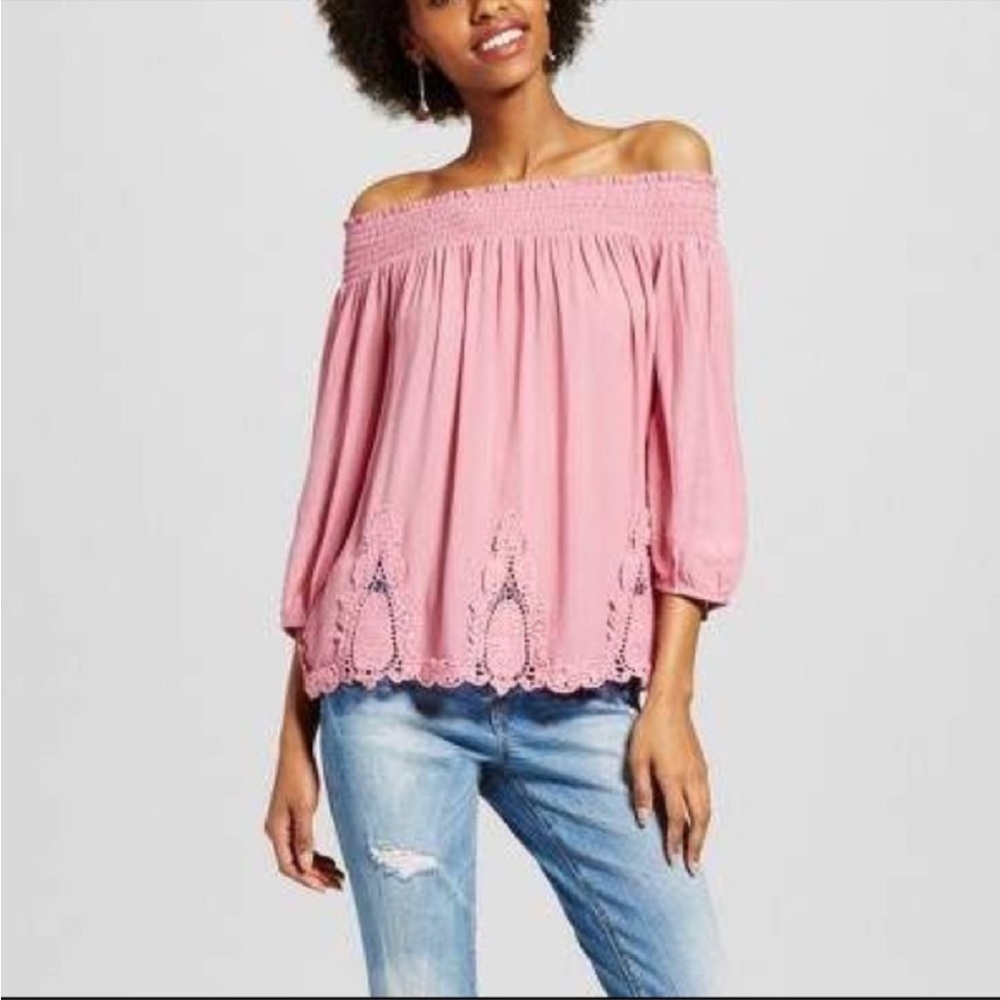 Xhilaration Pink Off Shoulder 3/4 sleeve Lace Blouse